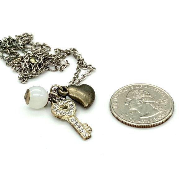 Vintage Silver Tone Charms Necklace, Chain with Tiny Abstract Heart, Pave Heart - Picture 4 of 4